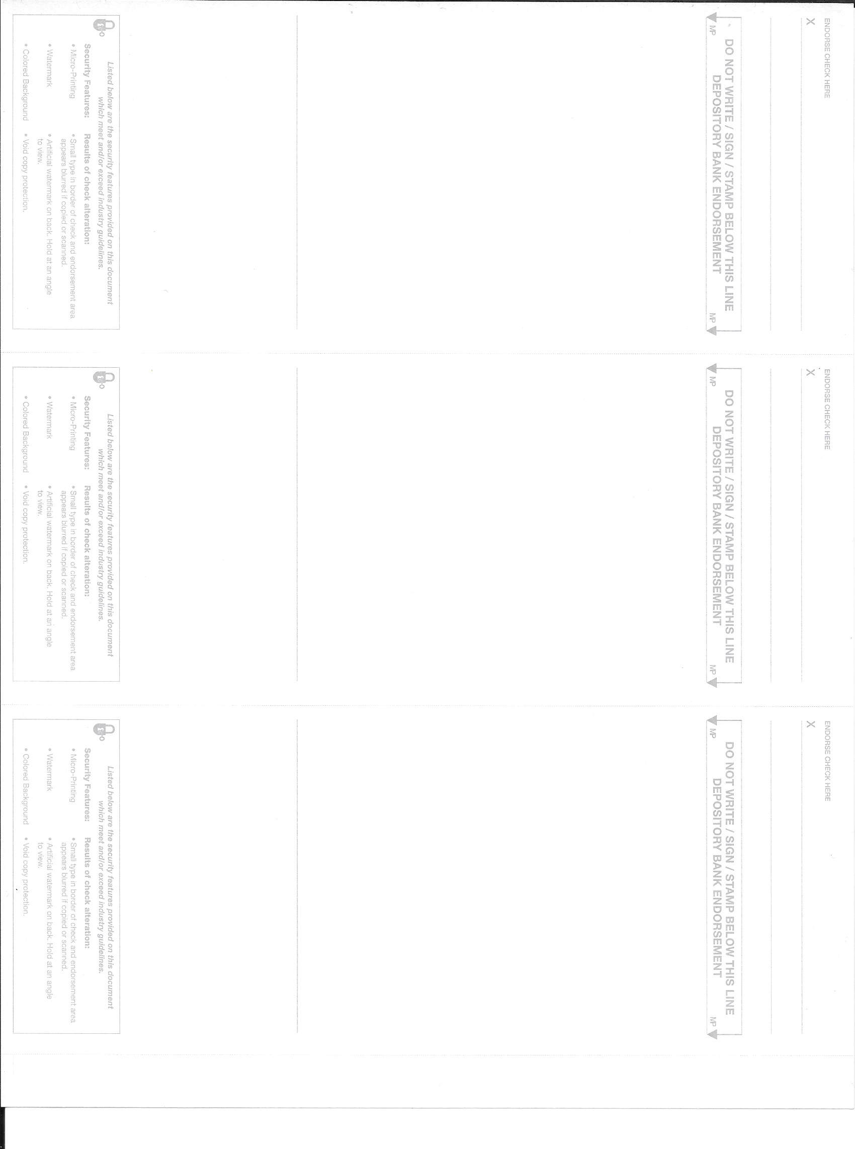 Back scan of blank sample check stock showing endorsement and security-feature areas