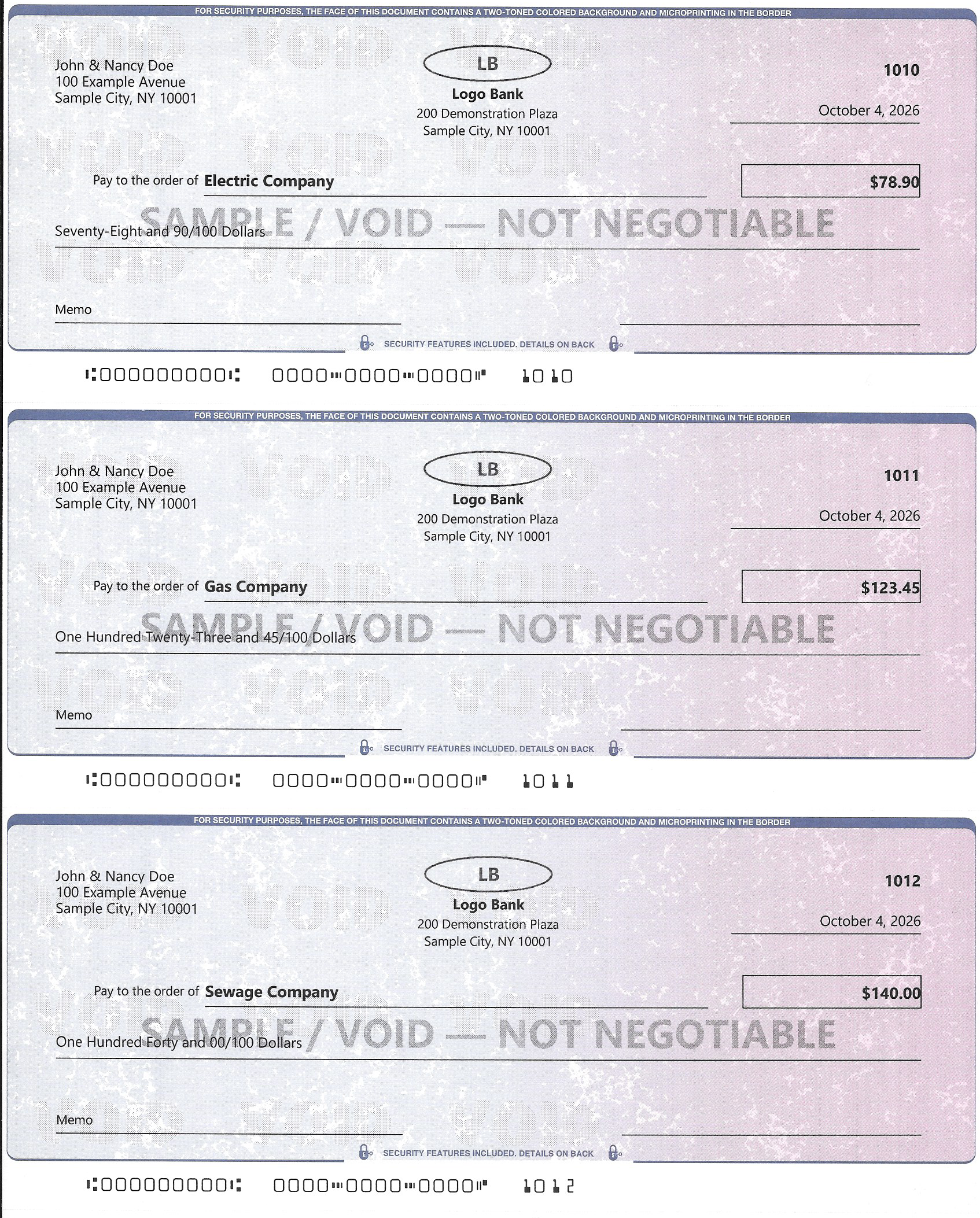 Front scan of three fictional sample checks marked void and not negotiable